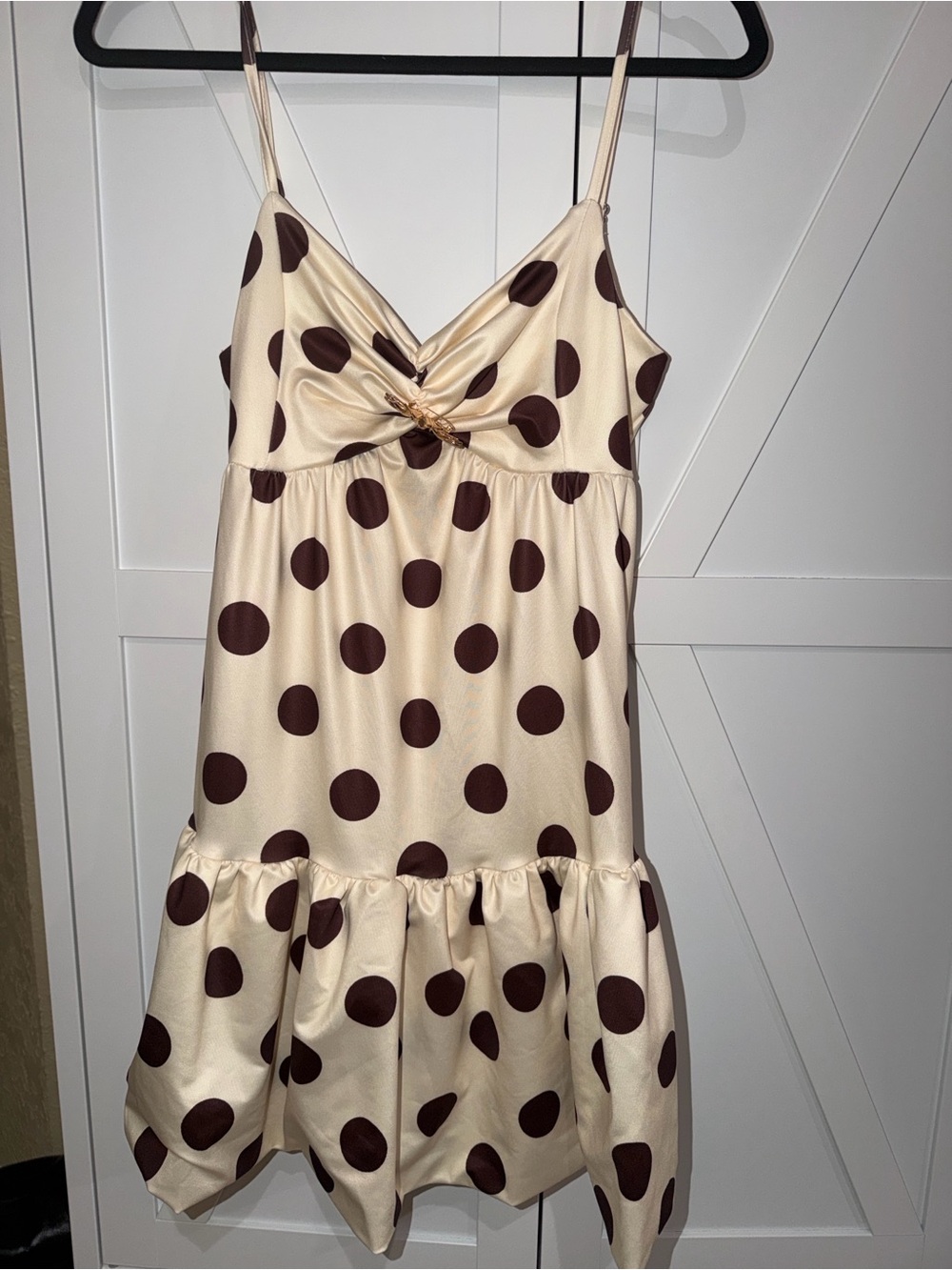 SHEIN Cream Dress with Brown Polka Dots - Spaghetti Strap Ruffle Hem
